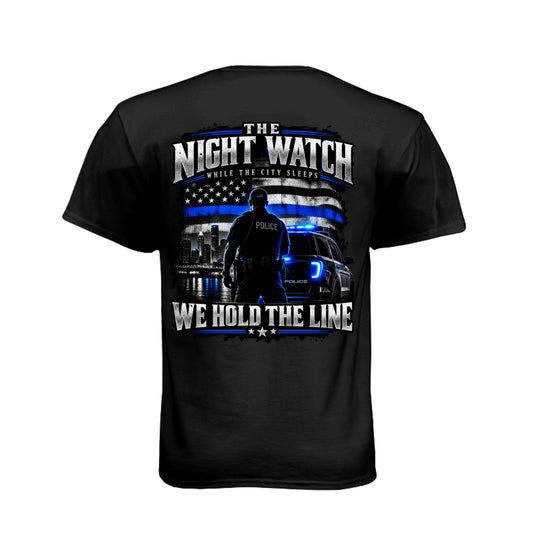 The Night Watch police T-shirt with Thin Blue Line flag and police officer