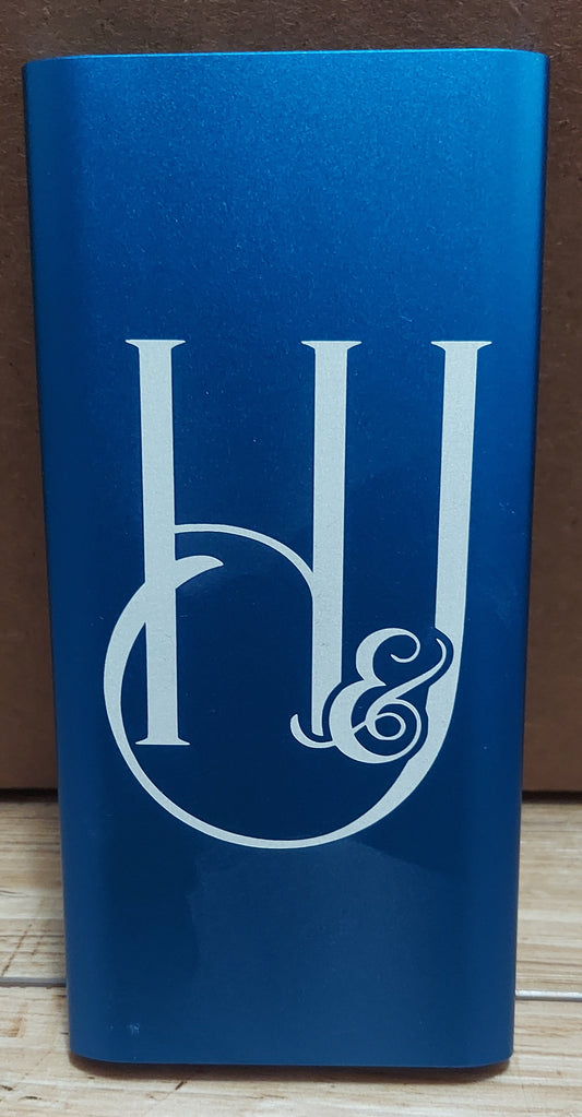 custom engraved blue power bank with monogram