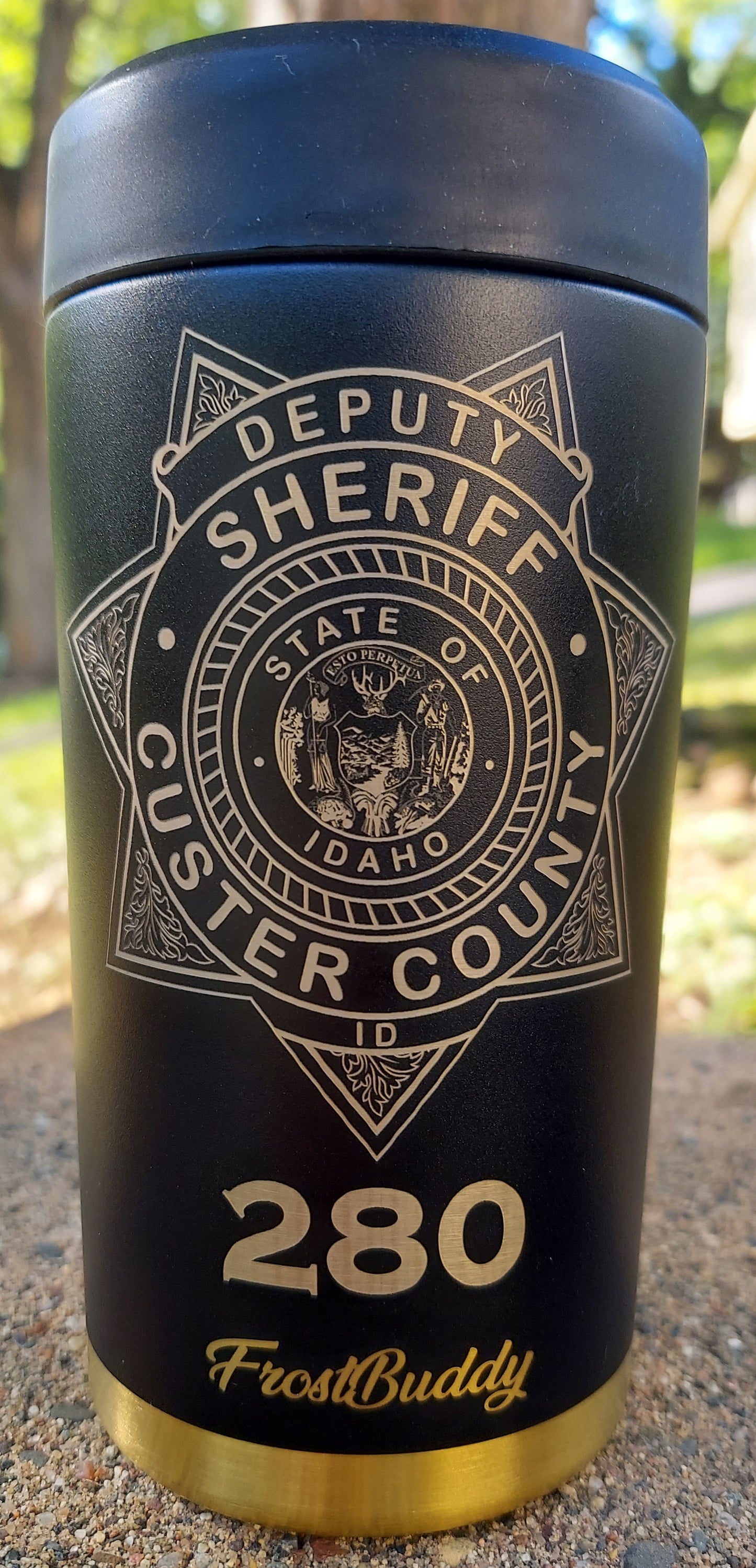 Custom Engraved Frost Buddy Universal Buddy 2.0 Can Cooler - Police Officer, Law Enforcement, Sheriff, Trooper, Badge, Patch - Texas Tea