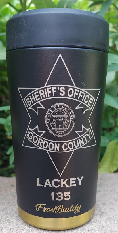 Custom Engraved Frost Buddy Universal Buddy 2.0 Can Cooler - Police Officer, Law Enforcement, Sheriff, Trooper, Badge, Patch - Texas Tea
