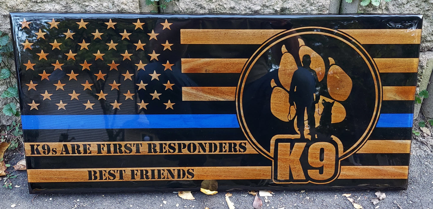 Custom engraved epoxy wood flag blue line police k9