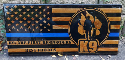 Custom engraved epoxy wood flag blue line police k9