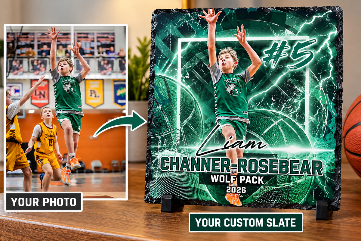 Custom full color sports photo slate plaque before and after 