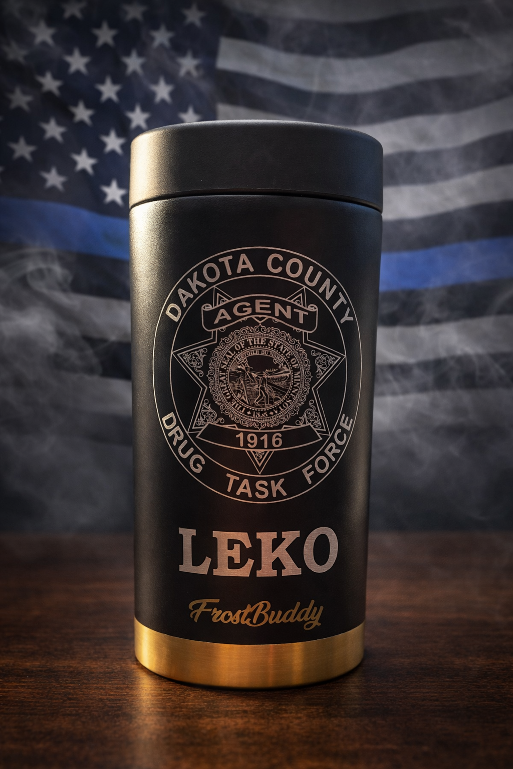 Custom laser engraved Frost Buddy Texas Tea with Blue line flag background