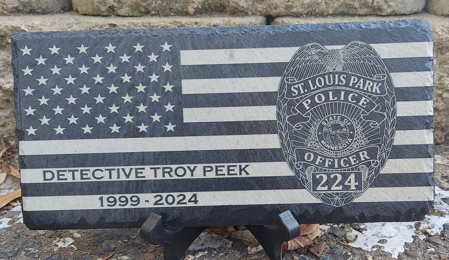 Custom laser engraved slate flag police plaque