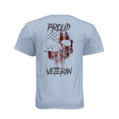 Proud Veteran American flag skull T-shirt with Thin Green Line military flag