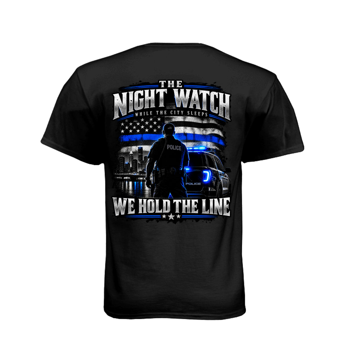 The Night Watch police T-shirt with Thin Blue Line flag and police officer