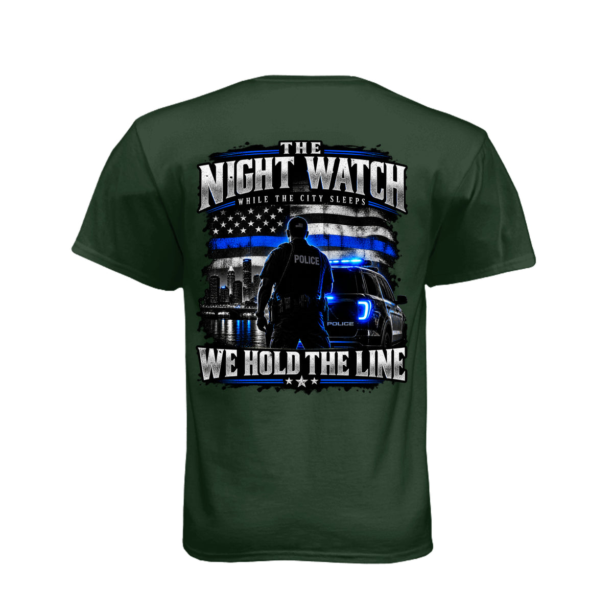The Night Watch police T-shirt with Thin Blue Line flag and police officer