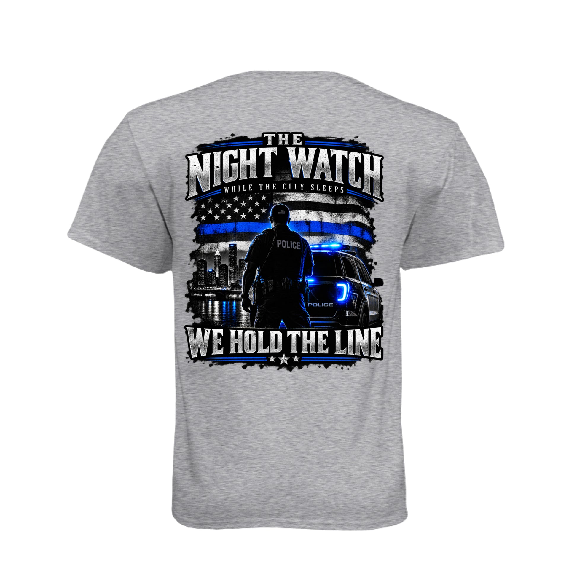 The Night Watch police T-shirt with Thin Blue Line flag and police officer