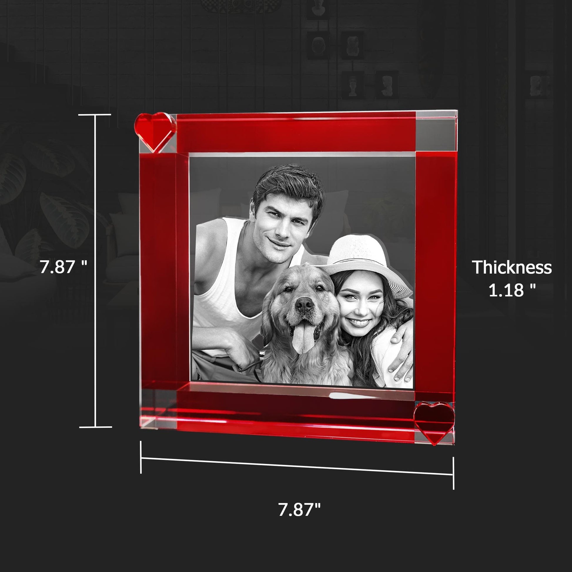 custom 3D laser engraved crystal frame with red hearts 