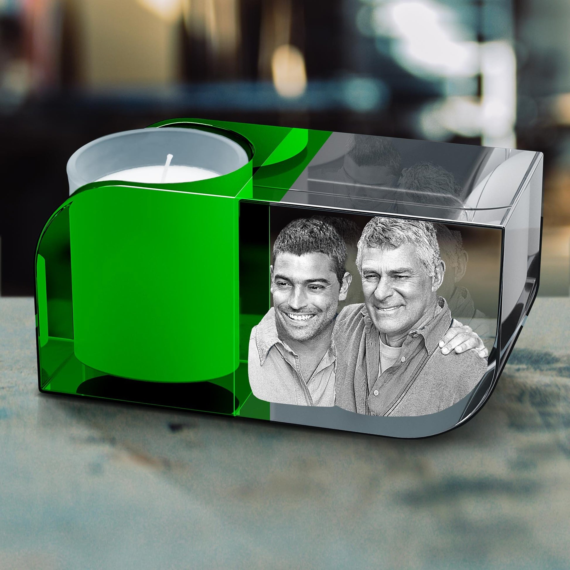custom laser engraved 3d photo candle holder green