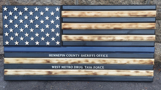 custom burnt wood blue line flag with text 