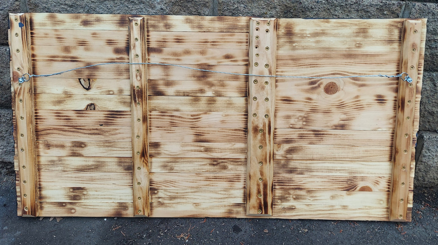custom burnt wood blue line flag with text 