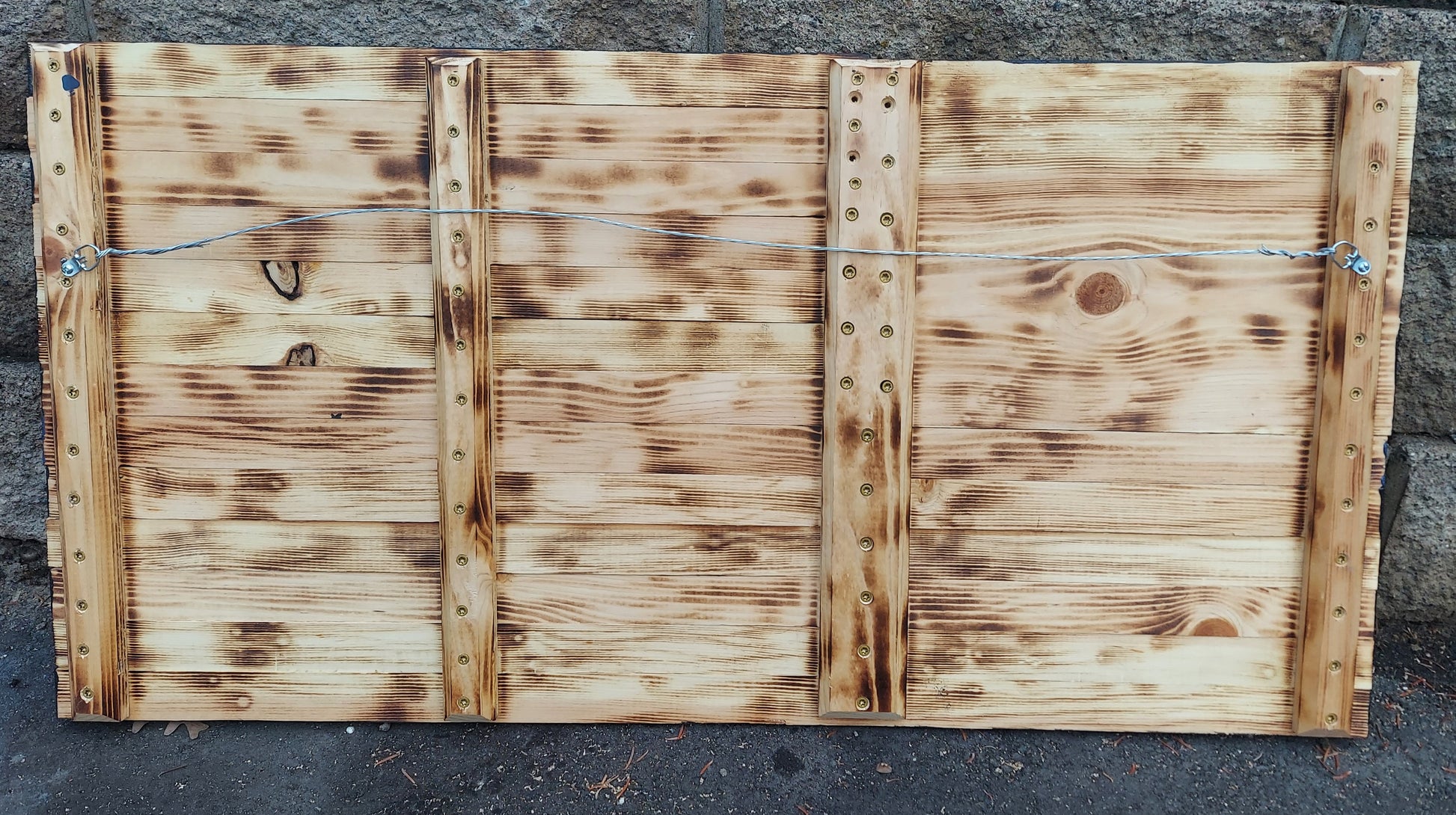 custom burnt wood blue line flag with text 