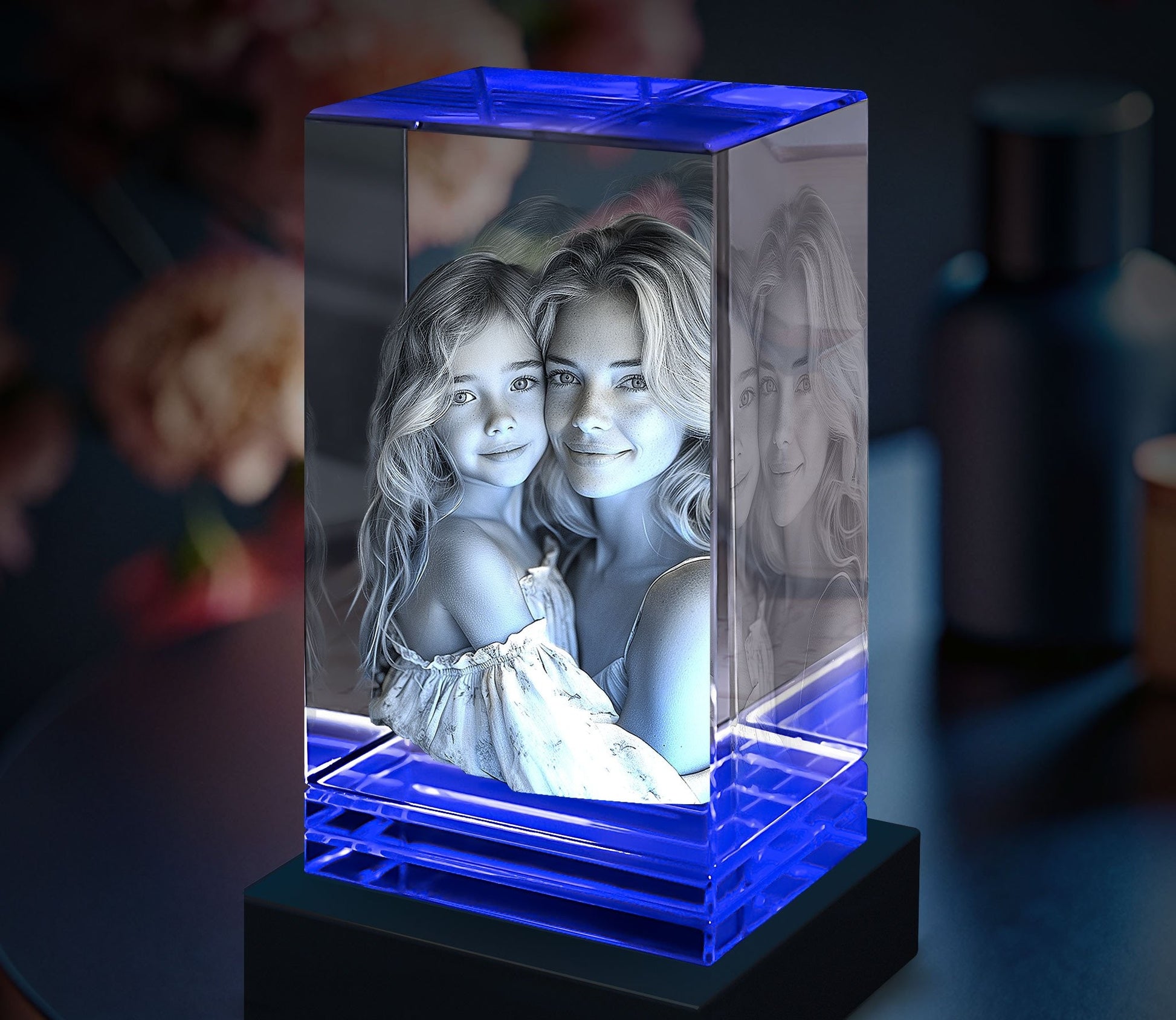 custom engraved 3d crystal blue tint
