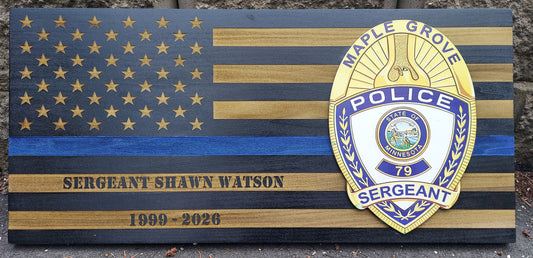 custom engraved blue line distressed wood flag police law enforcement gift 