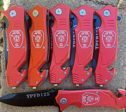 custom engraved red bison river knives firefighter fireman paramedic fire department 