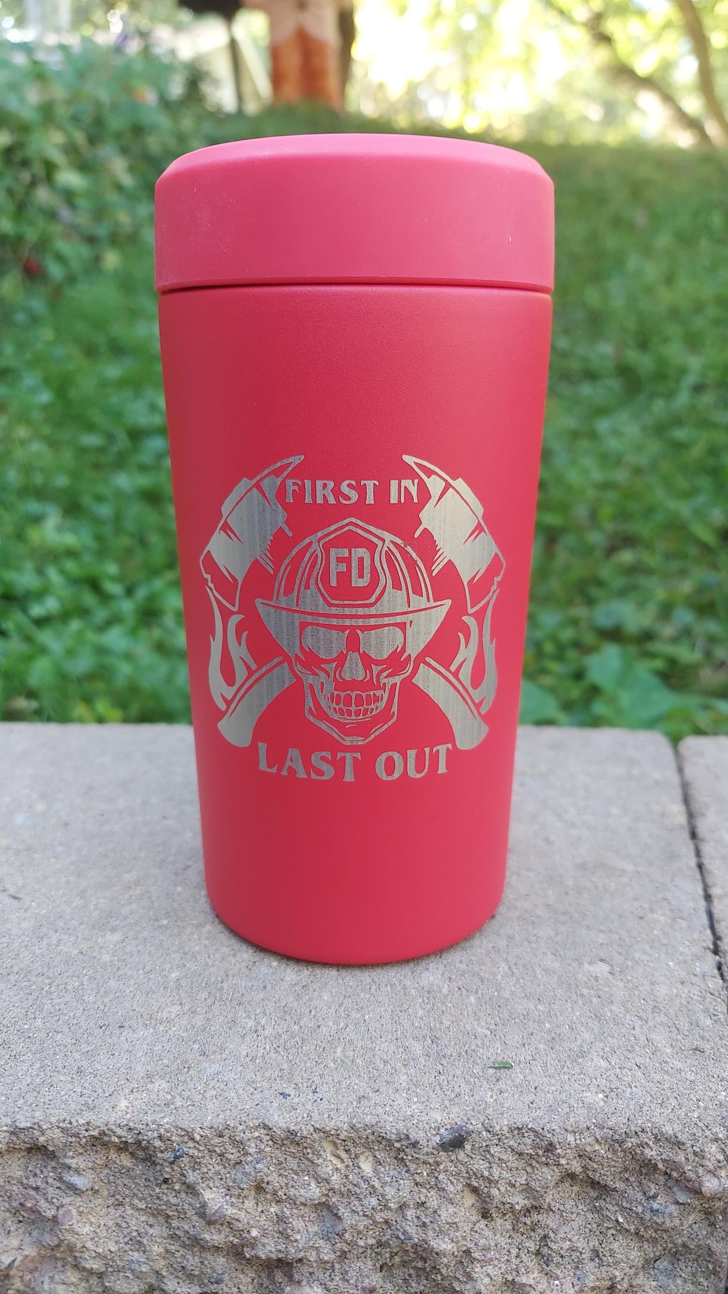 custom engraved red frost buddy firefighter first in last out
