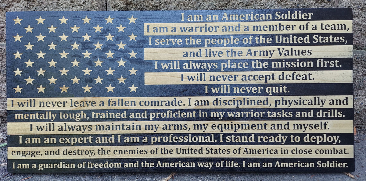 custom engraved wood flag with soldiers creed engraving
