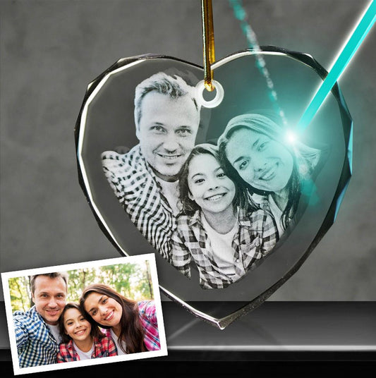 custom laser engraved 2d photo heart shaped crystal christmas ornament