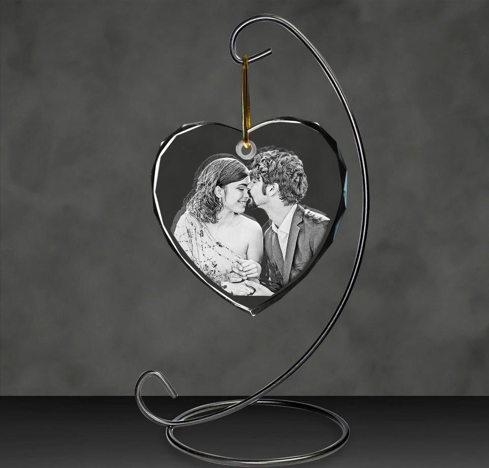 custom laser engraved 2d photo heart shaped crystal christmas ornament
