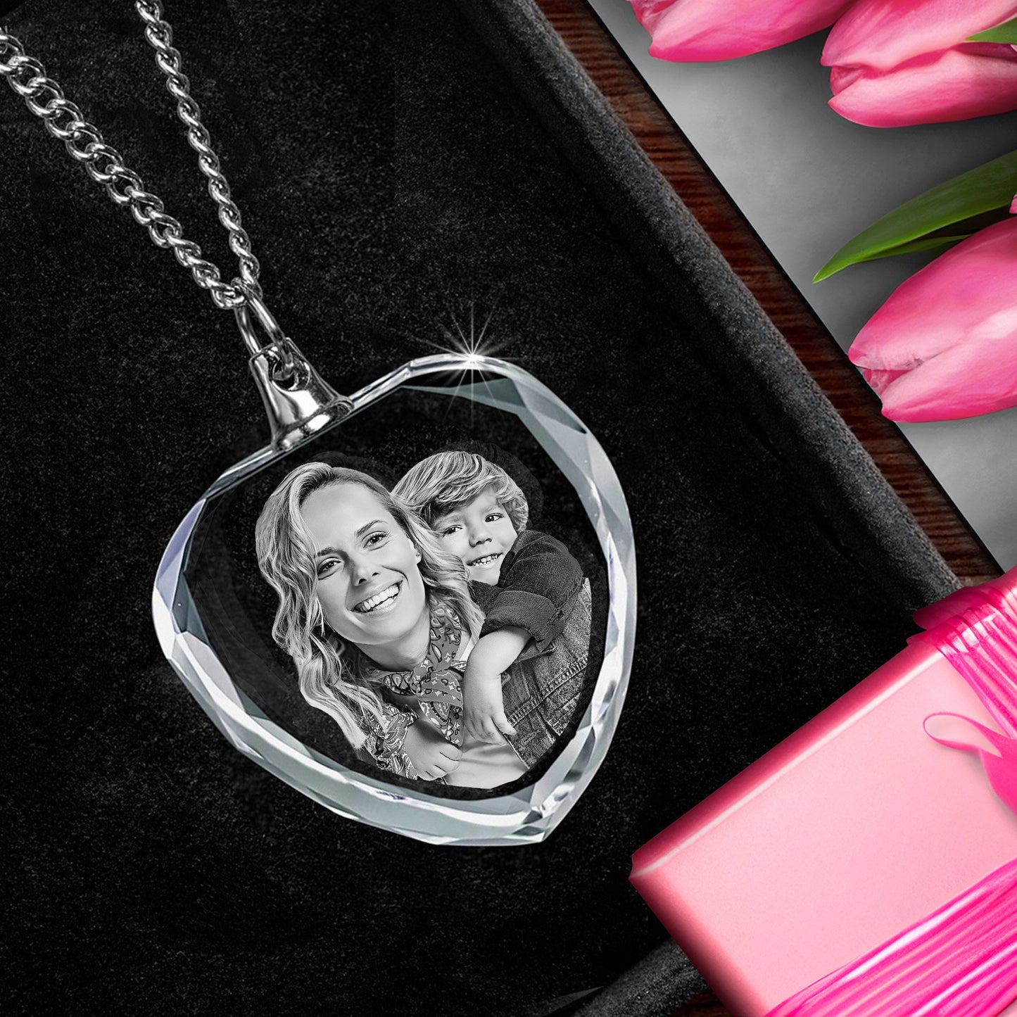 custom laser engraved 3d crystal photo heart shaped necklace