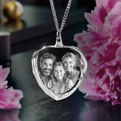 custom laser engraved 3d crystal photo heart shaped necklace