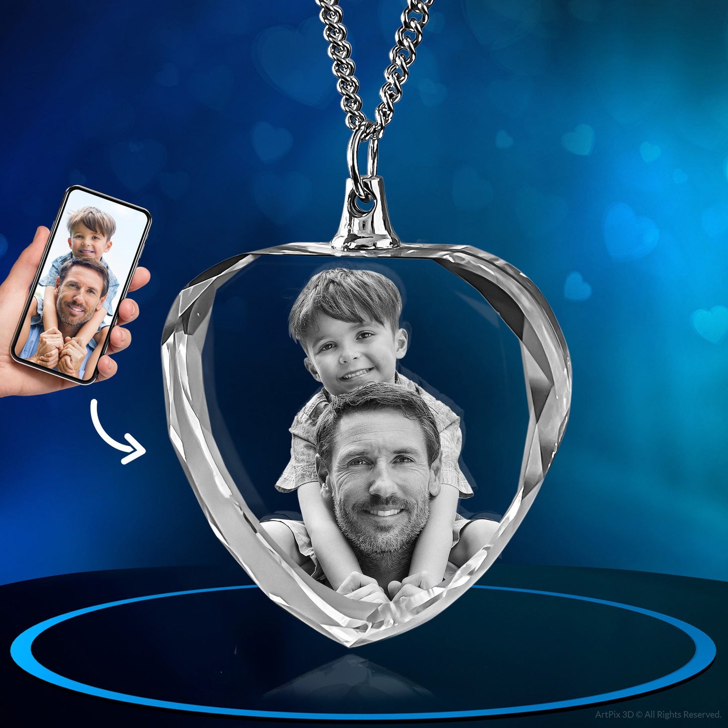 custom laser engraved 3d crystal photo heart shaped necklace