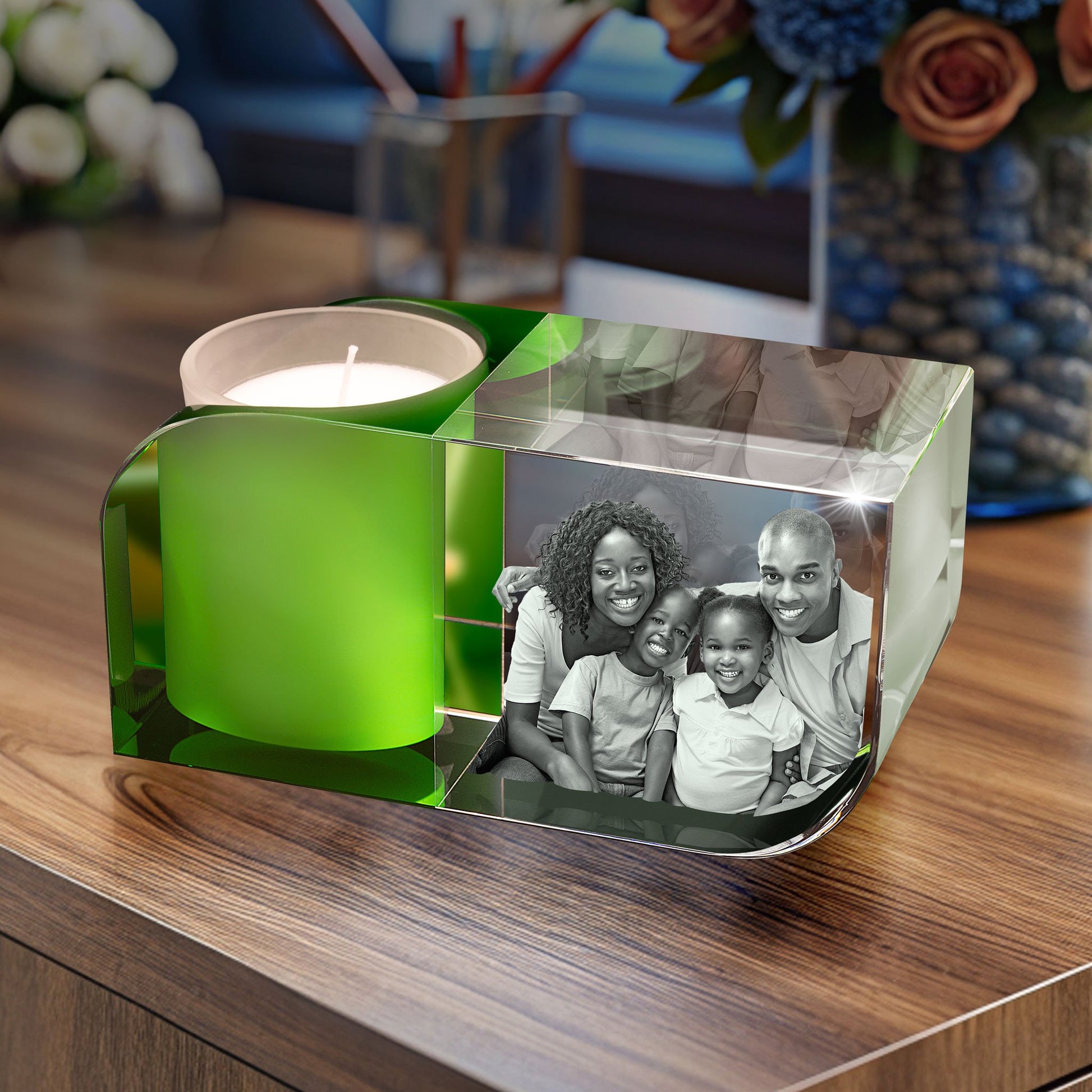 custom laser engraved 3d photo candle holder green
