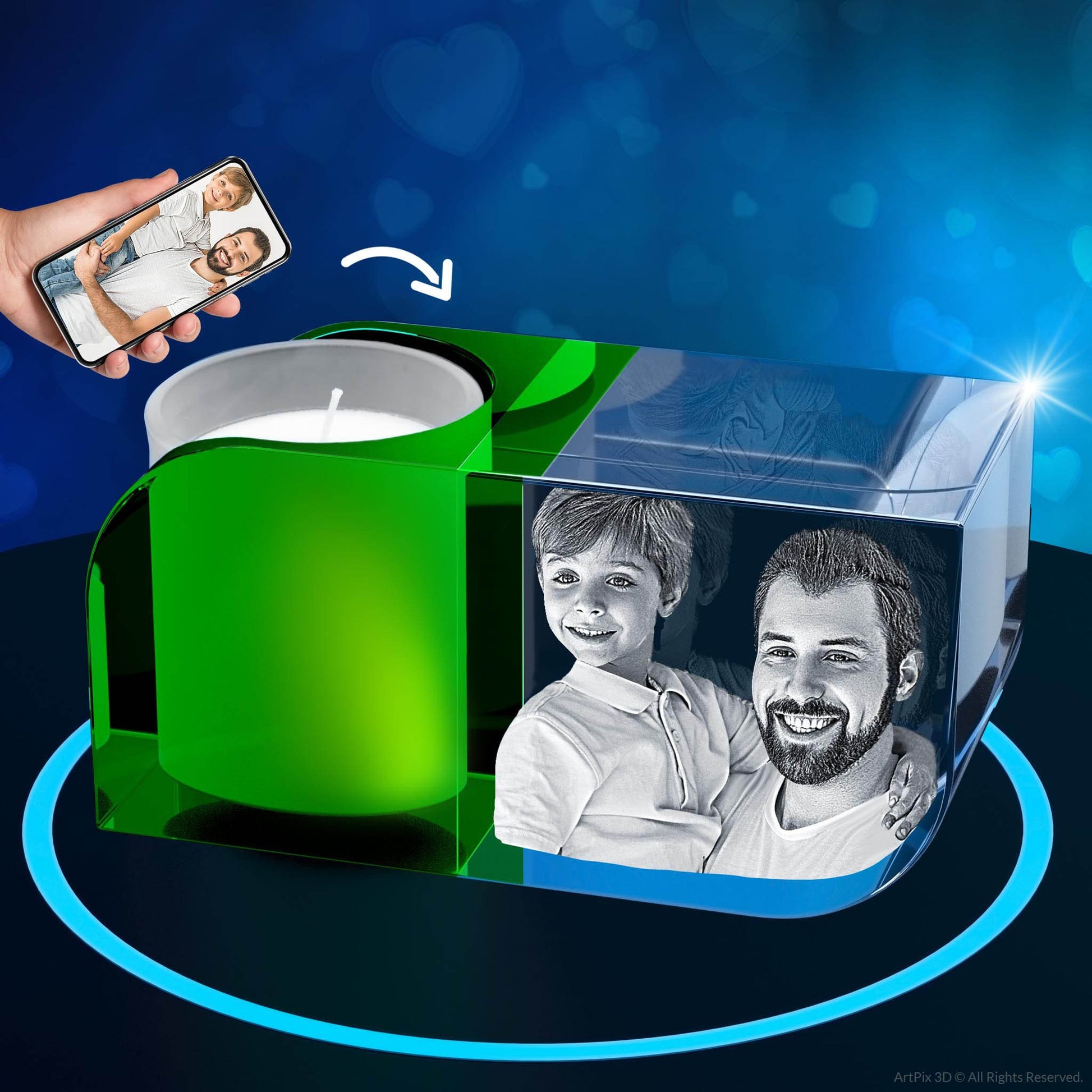 custom laser engraved 3d photo candle holder green