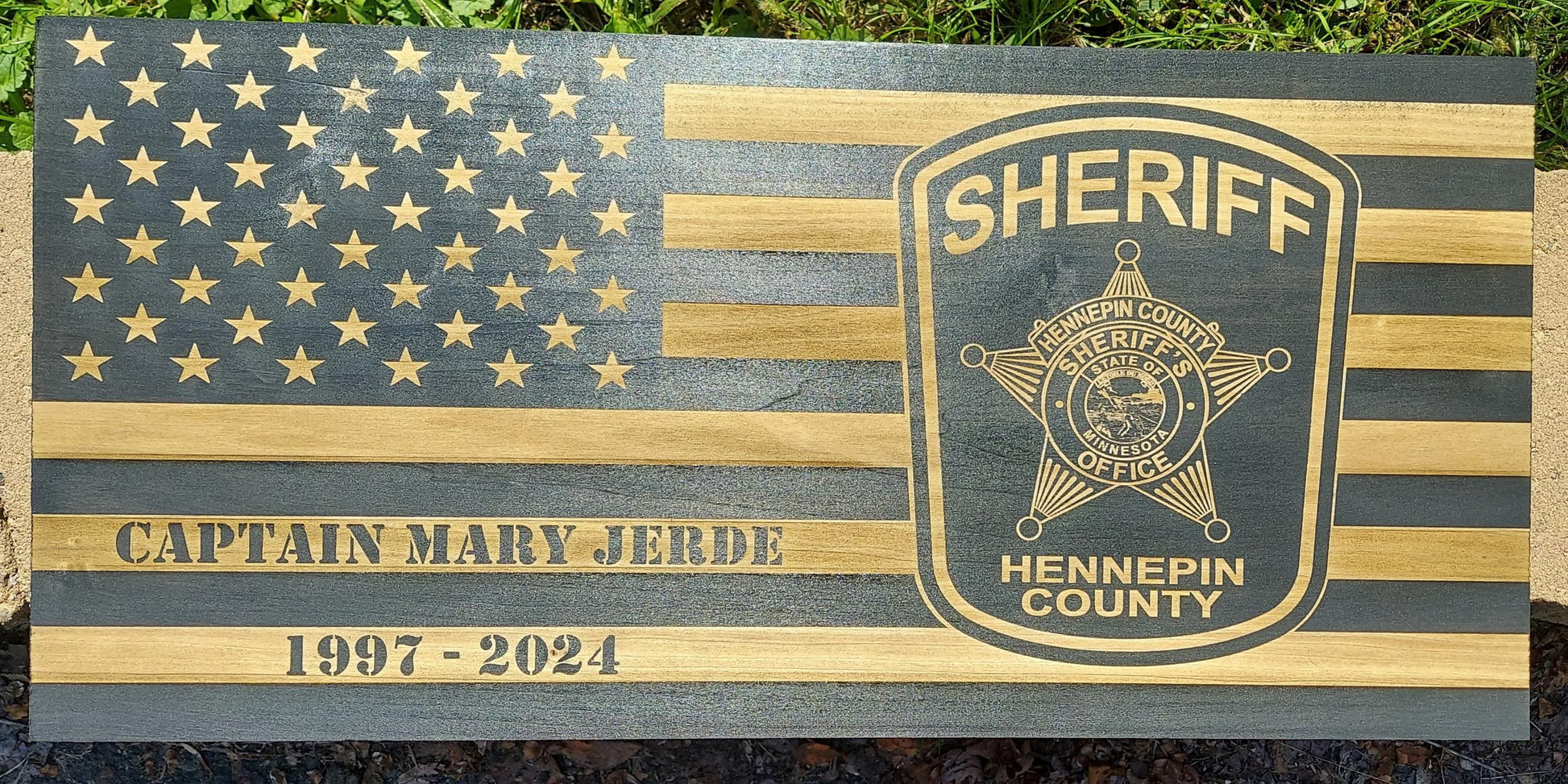 custom laser engraved distressed wood flag hennepin county