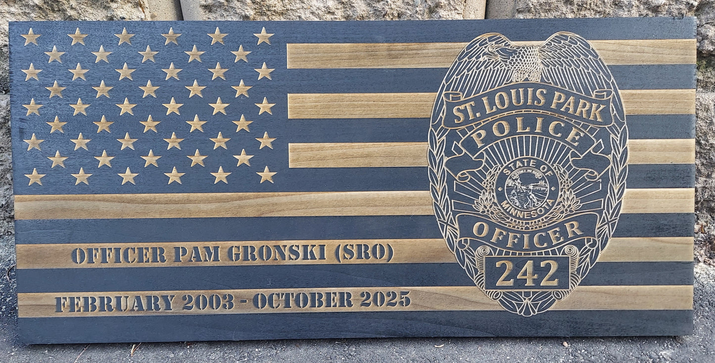 custom laser engraved distressed wood flag st louis park police department 
