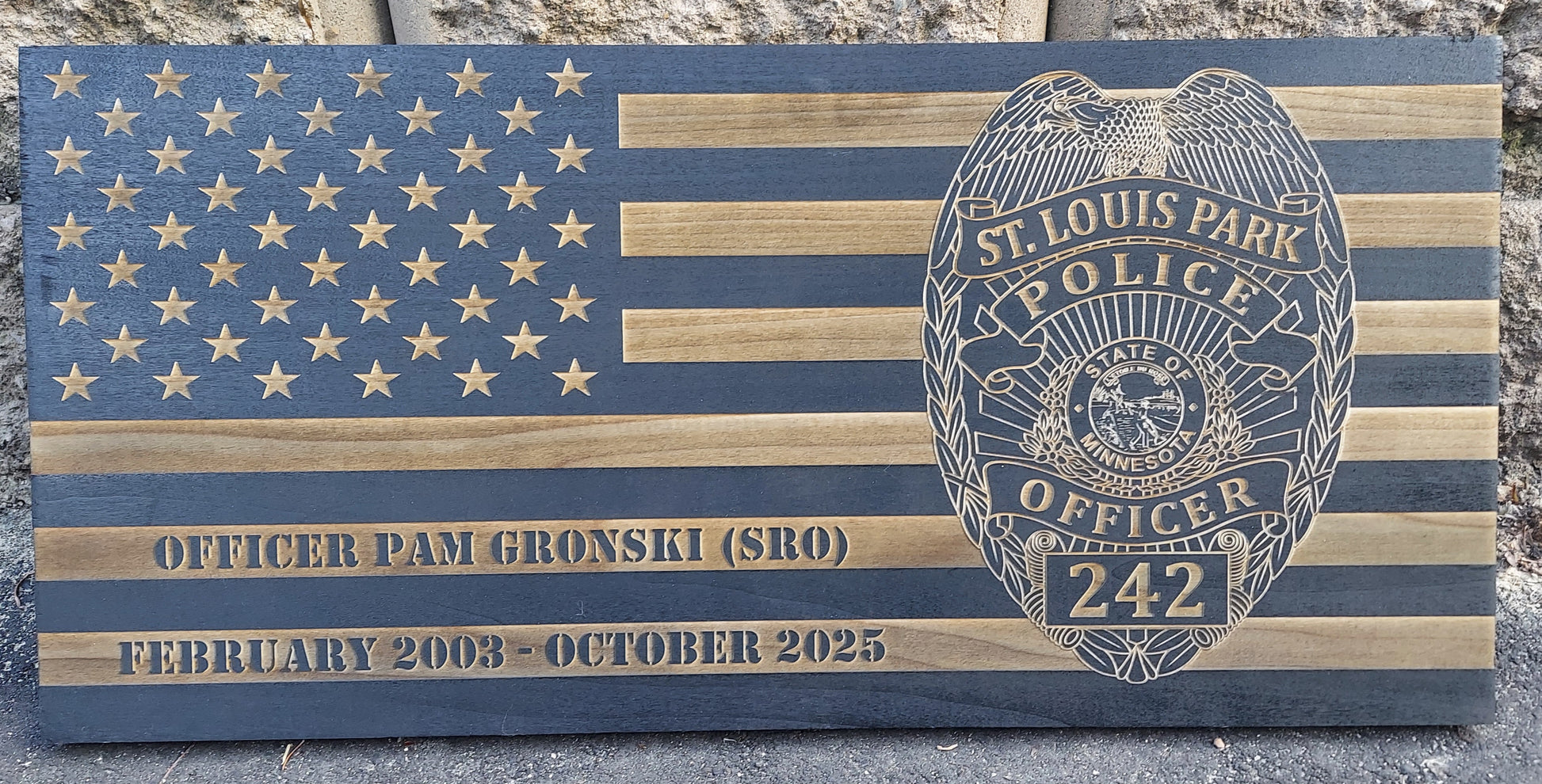 custom laser engraved distressed wood flag st louis park police department 
