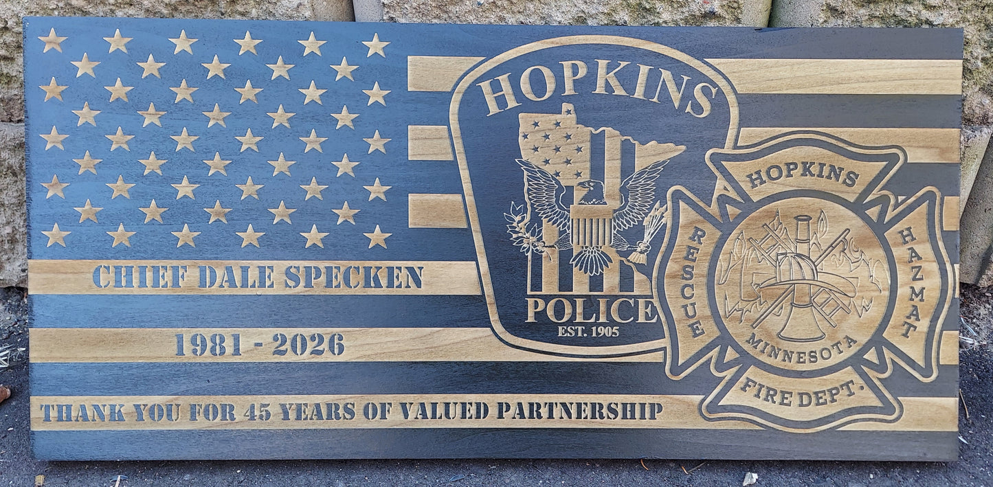 custom laser engraved distressed wood flag hopkins police and fire