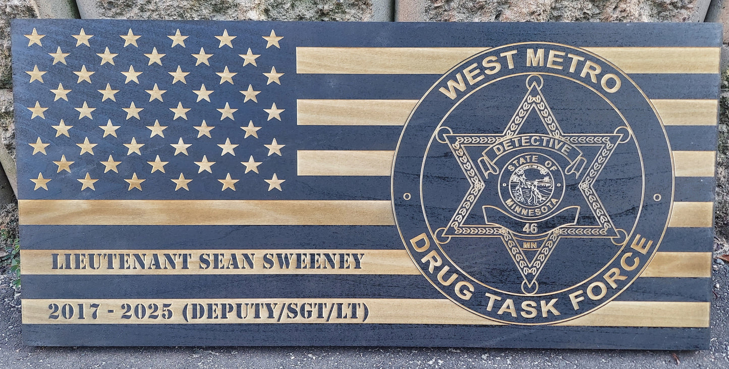 custom laser engraved distressed wood flag west metro drug task force