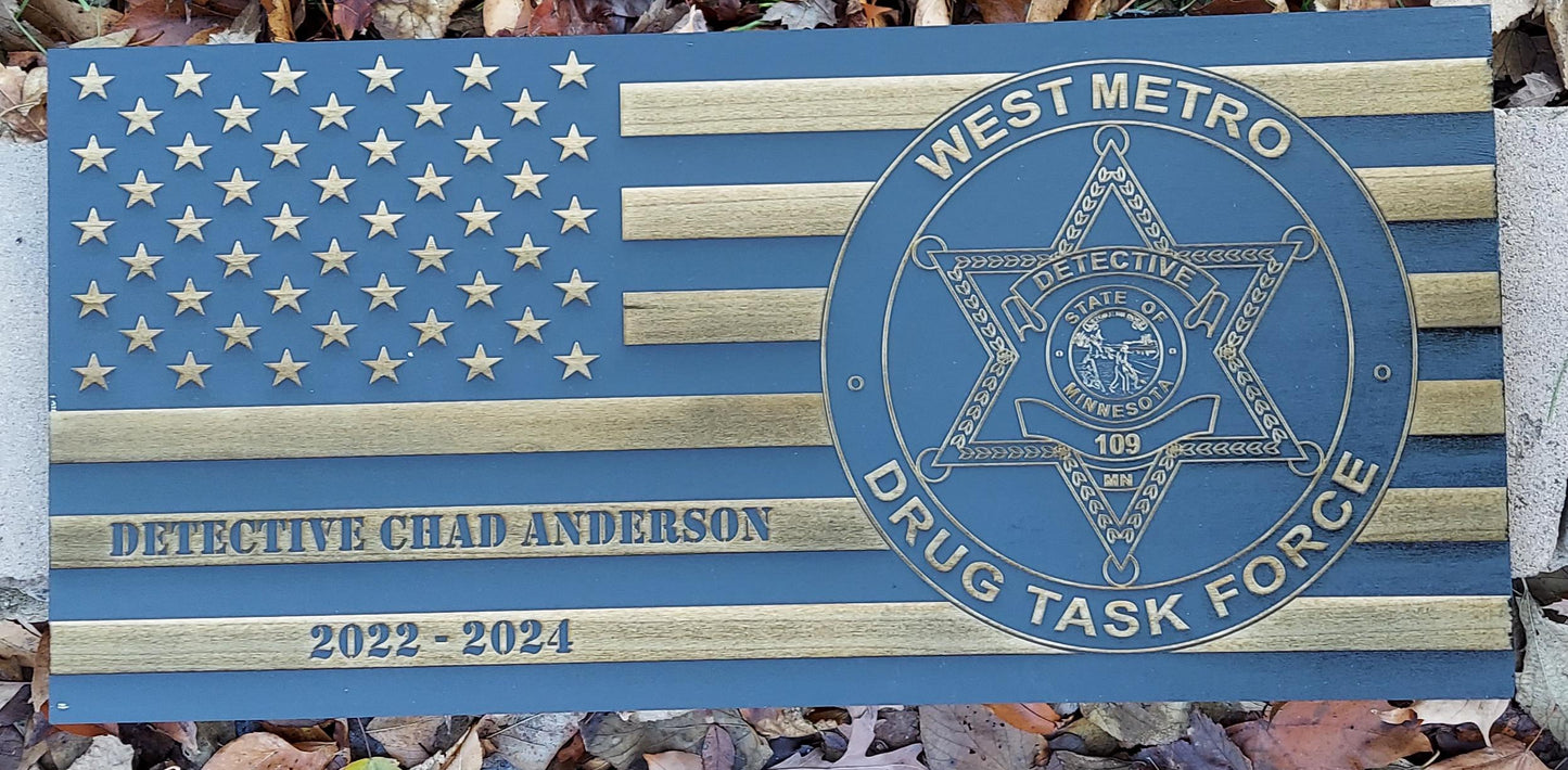 custom laser engraved distressed wood flag west metro drug task force