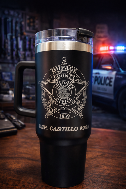 custom laser engraved intrepid brand tumbler 