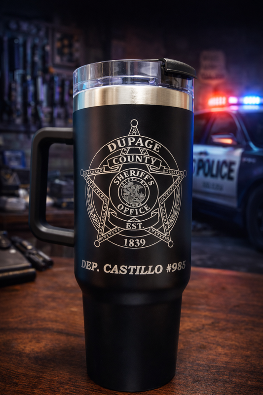 custom laser engraved intrepid brand tumbler 