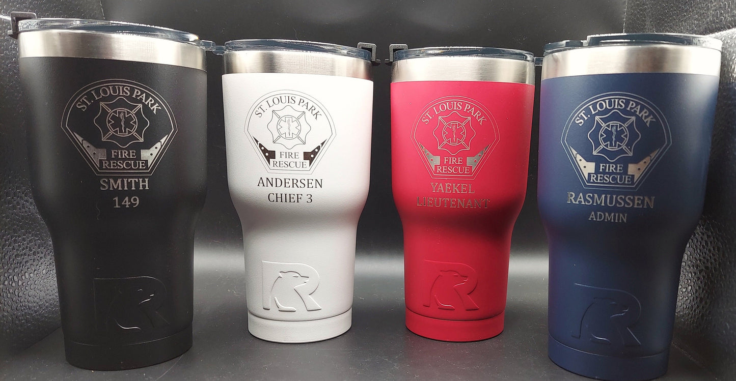 custom laser engraved tumbler firefighter red