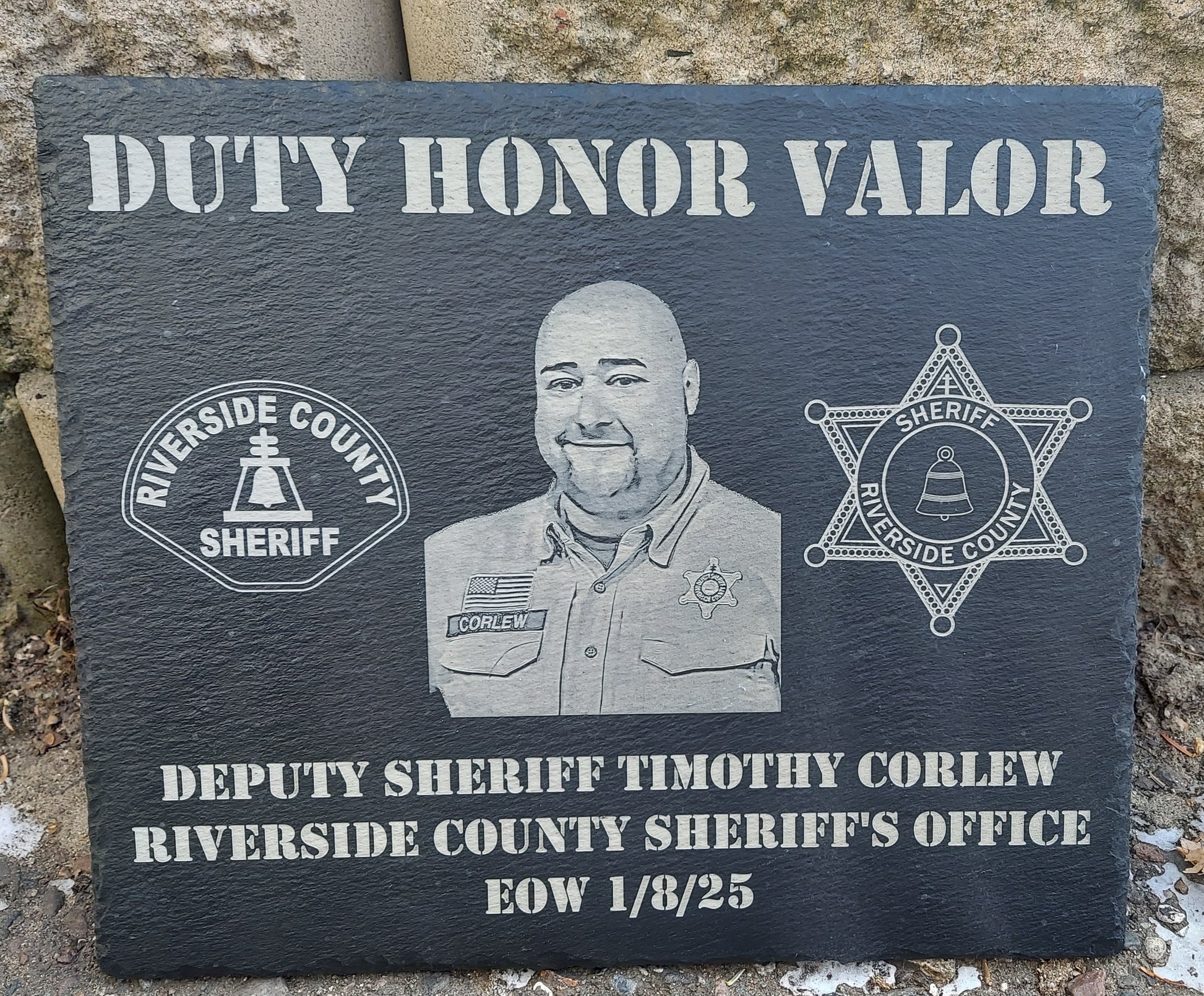 engraved police memorial plaque Deputy Sheriff Timothy Corlew Riverside County Sheriffs Office California