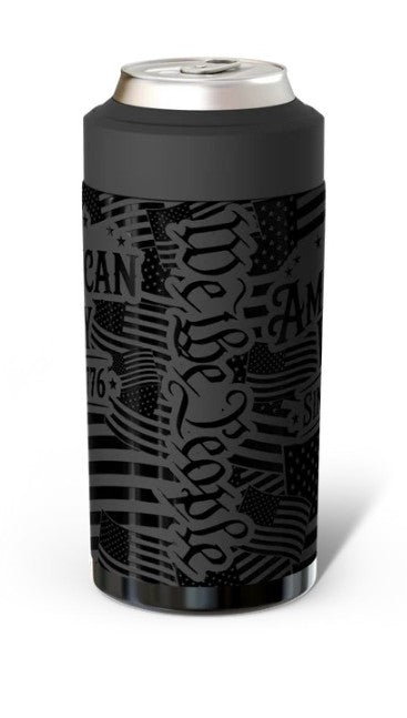 A slim black can cooler sleeve with a silver aluminum can inserted, featuring a dark gray and black American flag and script pattern. The sleeve has a matte finish and is shown on a clean white background with a soft shadow.