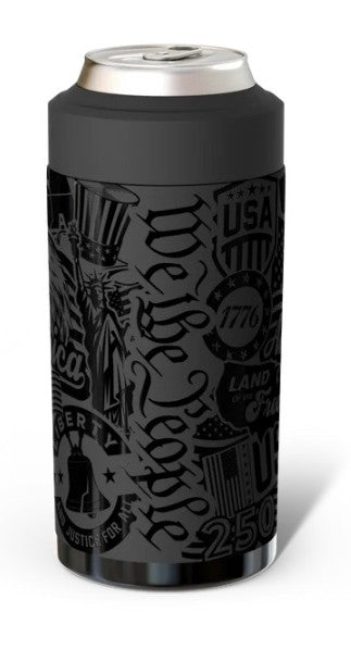A black insulated can cooler sleeve with a silver aluminum can inserted, featuring a dark gray vintage-style patriotic graphic collage with text and illustrations including 'USA', '1776', 'Land of the Free', and '250'.