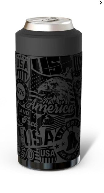 A black insulated can cooler with a silver pull-tab lid, featuring a dark gray patriotic graphic print with an eagle, American flag, and text including 'USA', 'America', and 'Liberty'.