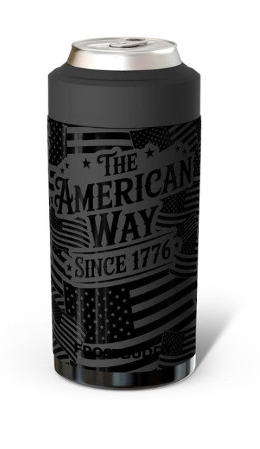 A black insulated can cooler sleeve with a silver aluminum can inserted, featuring a distressed black-and-white American flag and patriotic graphic with the text 'The American Way Since 1776' and 'Free Bud'.