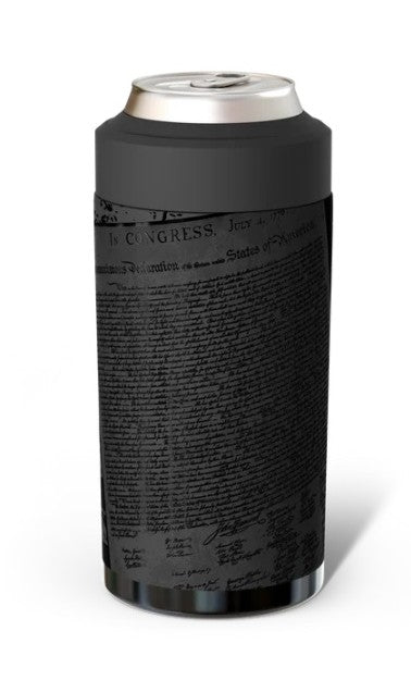 A slim can cooler sleeve featuring a black and gray design of the United States Constitution's Constitutional Convention document, shown on a silver aluminum can against a white background.