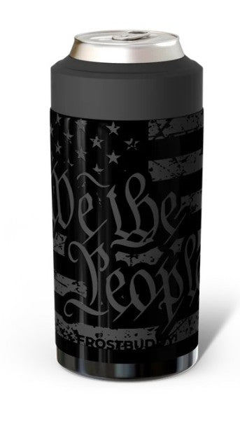 A black can cooler sleeve with a silver aluminum can inserted, featuring a distressed American flag design and the text 'We the People' in gothic lettering, with 'FROSTBUDDYI' printed at the bottom.